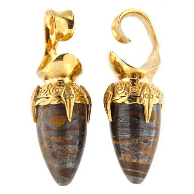 Brass Ear Weights with Tiger Eyes Drop Stone (price for pair) Orecchio
