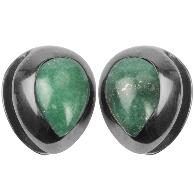 Black Brass Ear Weights with Aventurine Tear Drop (price for pair) Orecchio