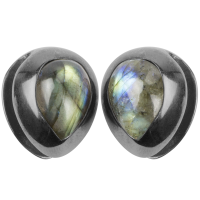 Black Brass Ear Weights with Labradorite Tear Drop (price for pair) Orecchio