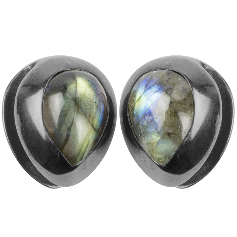 Black Brass Ear Weights with Labradorite Tear Drop (price for pair) Orecchio