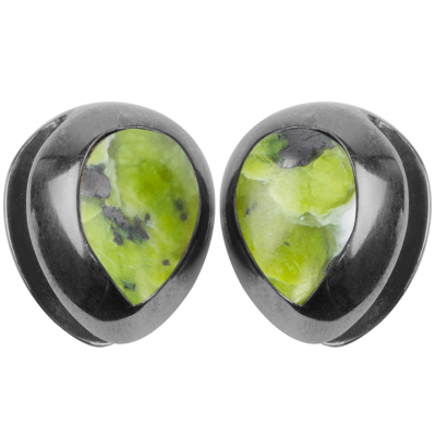 Black Brass Ear Weights with Lizardite (Norwegian Jade) Tear Drop (price for pair) Orecchio