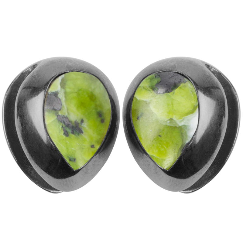 Black Brass Ear Weights with Lizardite (Norwegian Jade) Tear Drop (price for pair) Orecchio