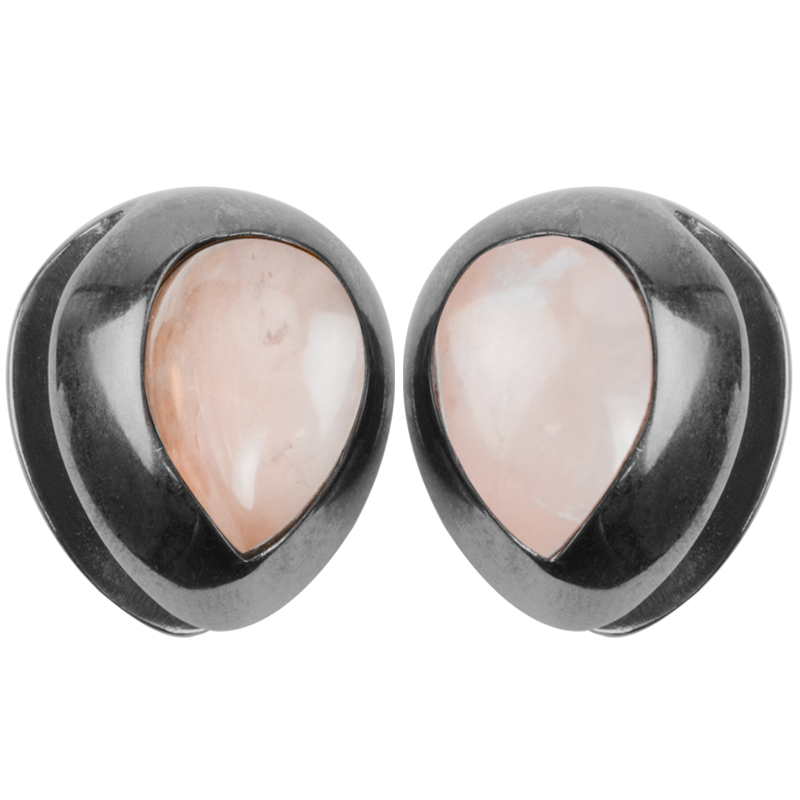 Black Brass Ear Weights with Rose Quartz Tear Drop (price for pair) Orecchio