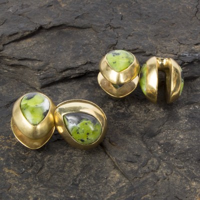 Brass Ear Weights with Lizardite (Norwegian Jade) Tear Drop (price for pair) Orecchio