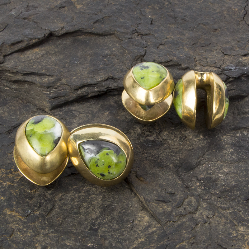 Brass Ear Weights with Lizardite (Norwegian Jade) Tear Drop (price for pair) Orecchio