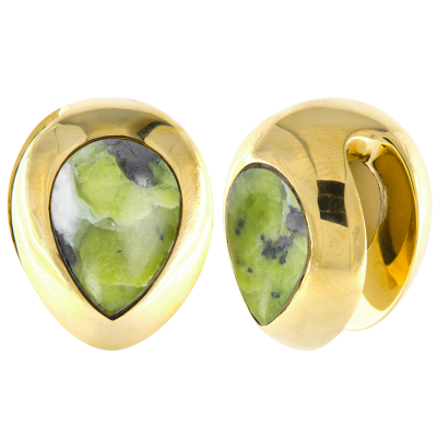 Brass Ear Weights with Lizardite (Norwegian Jade) Tear Drop (price for pair) Orecchio