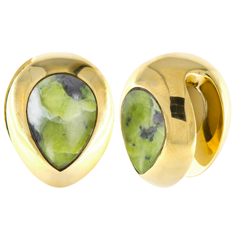 Brass Ear Weights with Lizardite (Norwegian Jade) Tear Drop (price for pair) Orecchio