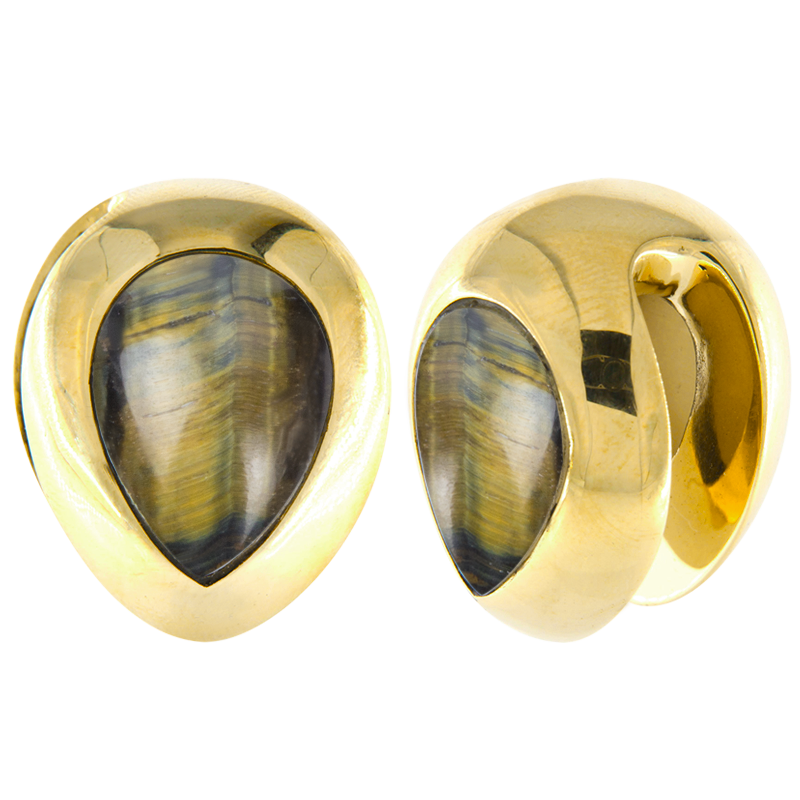 Brass Ear Weights with Tiger Eyes Tear Drop (price for pair) Orecchio