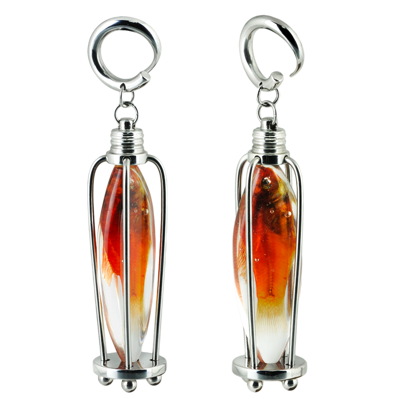 Resin Red Fish Trapped in Steel Pendant Cage (price for pair) Orecchio