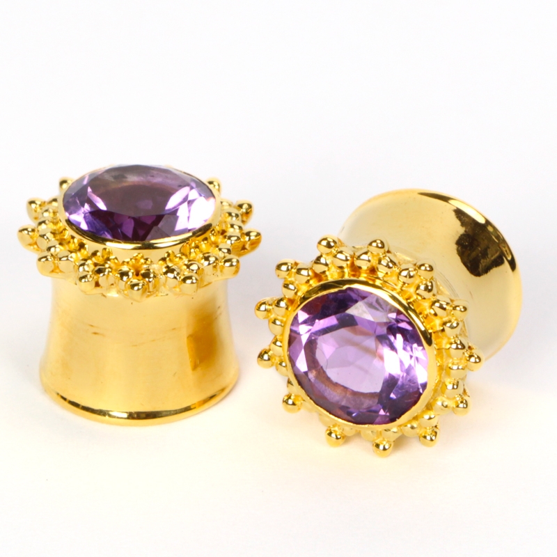 Amethyst Vermeil Gold Tribal Ear Plug (price for pair) Orecchio