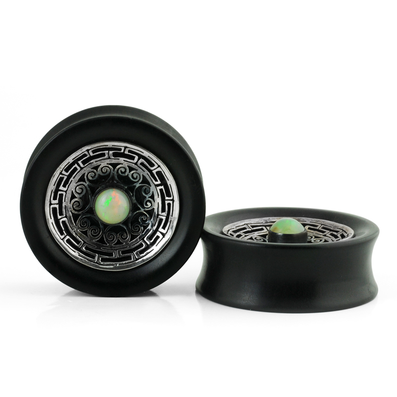 Ebony Plug with Silver Medal and Ethiopian Opal Cabochon (price for pair) Orecchio