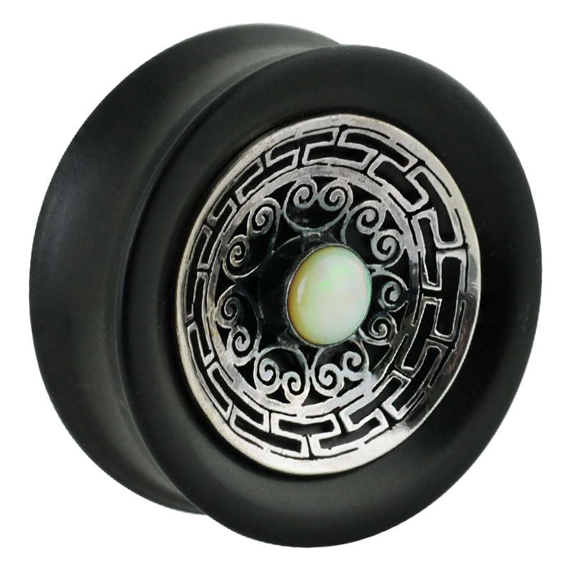Ebony Plug with Silver Medal and Ethiopian Opal Cabochon (price for pair) Orecchio