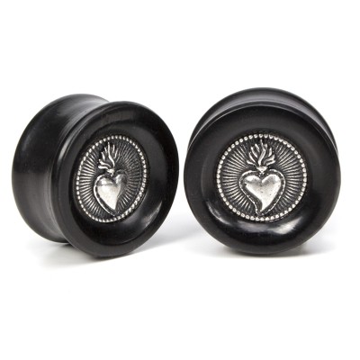 El Rana Jet Wood Plug with Silver Sacred Heart (Price for Pair) Orecchio