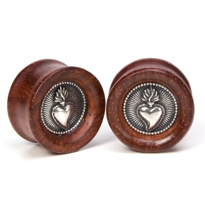 El Rana Padouk Wood Plug with Silver Sacred Heart (Price for Pair) Orecchio