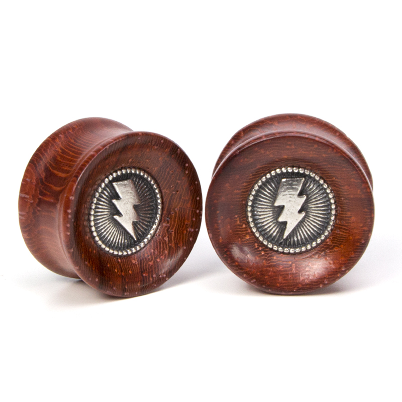 El Rana Padouk Wood Plug with Silver Lightning (Price for Pair) Orecchio