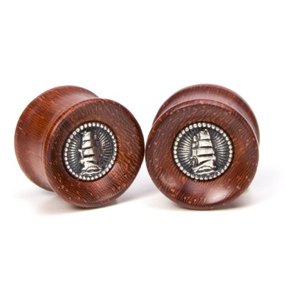 El Rana Padouk Wood Plug with Silver Sailing Ship (Price for Pair) Orecchio