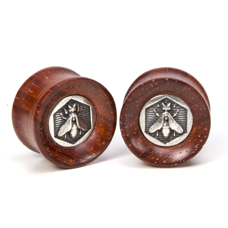 El Rana Padouk Wood Plug with Silver Bee (Price for Pair) Orecchio
