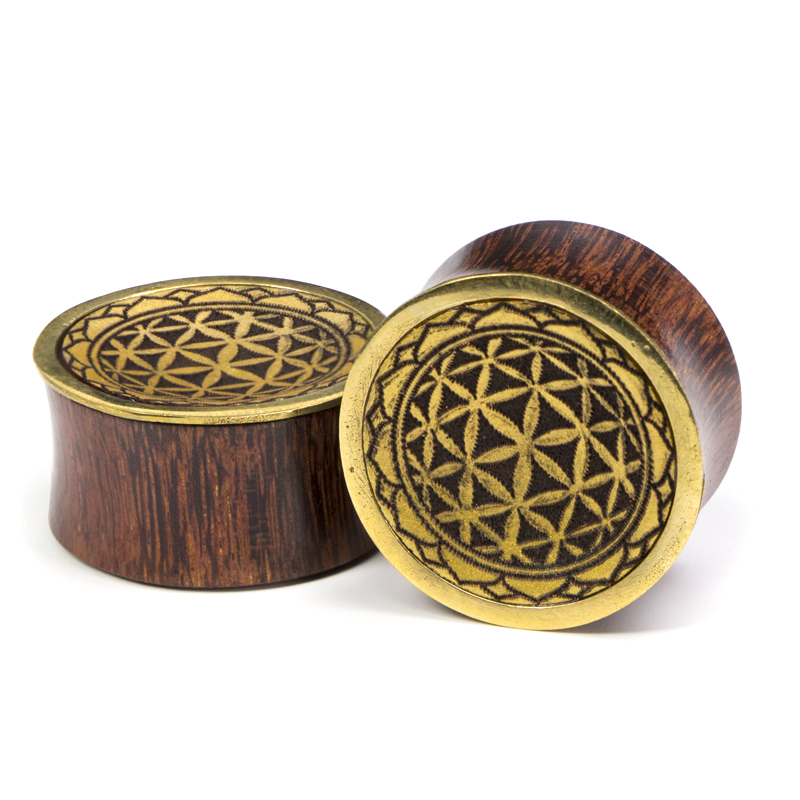 Tamarind Wood Plug with Brass and Gold Leaf Inlay Orecchio