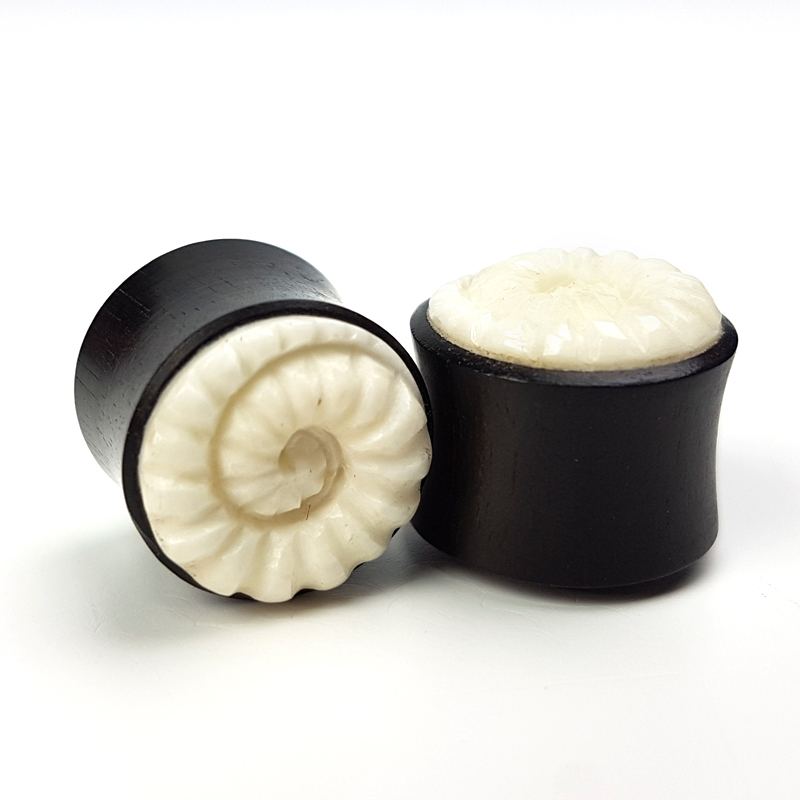 Wood Plug with Bone Ammonite Inlay Orecchio