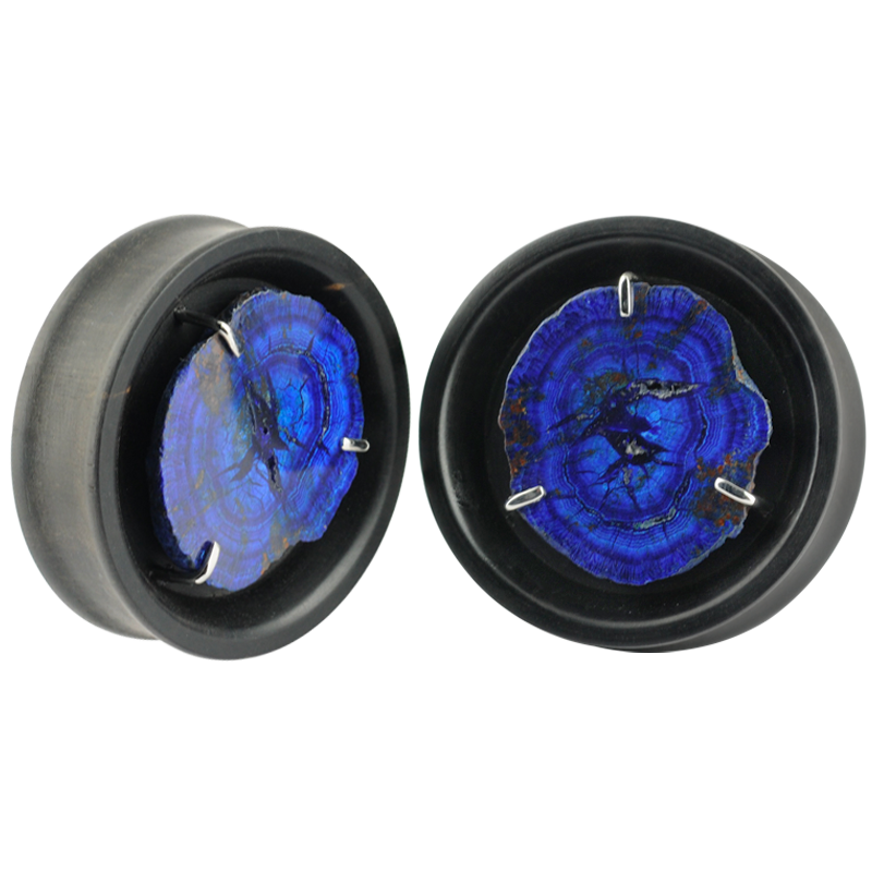 Ebony Plug with Rare Azurite Druzy Setting (Price for Pair) Orecchio