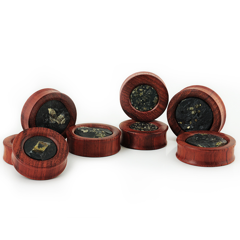 Red Padouk Wood Plug with Schiefer Pyrit Medal (Price for Pair) Orecchio