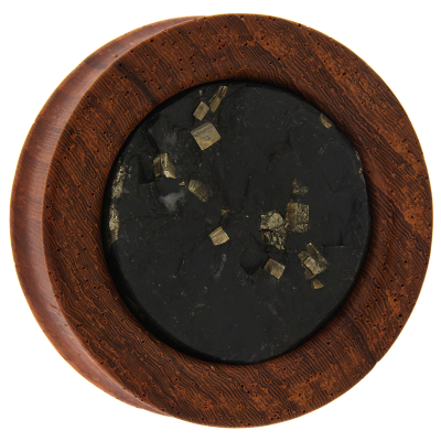 Red Padouk Wood Plug with Schiefer Pyrit Medal (Price for Pair) Orecchio