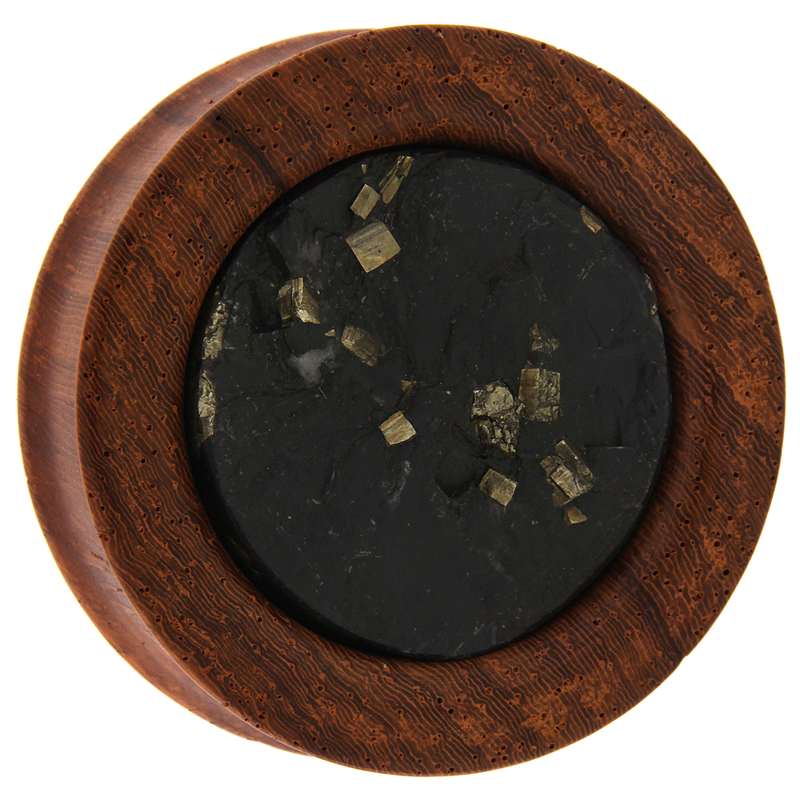 Red Padouk Wood Plug with Schiefer Pyrit Medal (Price for Pair) Orecchio