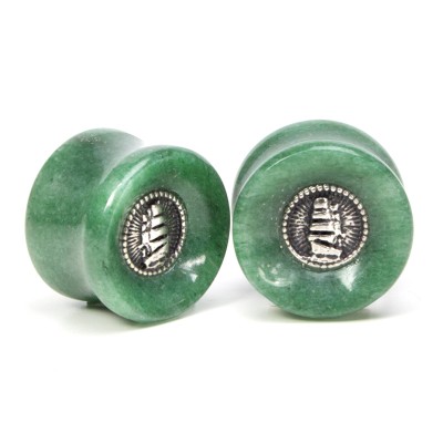 El Rana Aventurine Plug with Silver Sailing Ship (Price for Pair) Orecchio