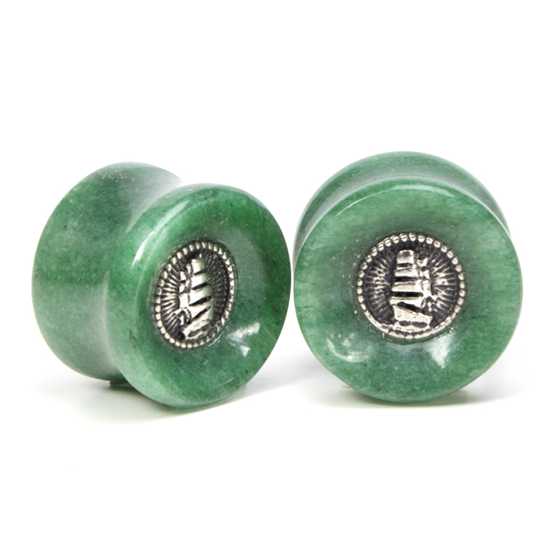 El Rana Aventurine Plug with Silver Sailing Ship (Price for Pair) Orecchio