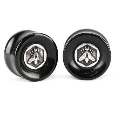 El Rana Onyx Plug with Silver Bee (Price for Pair) Orecchio