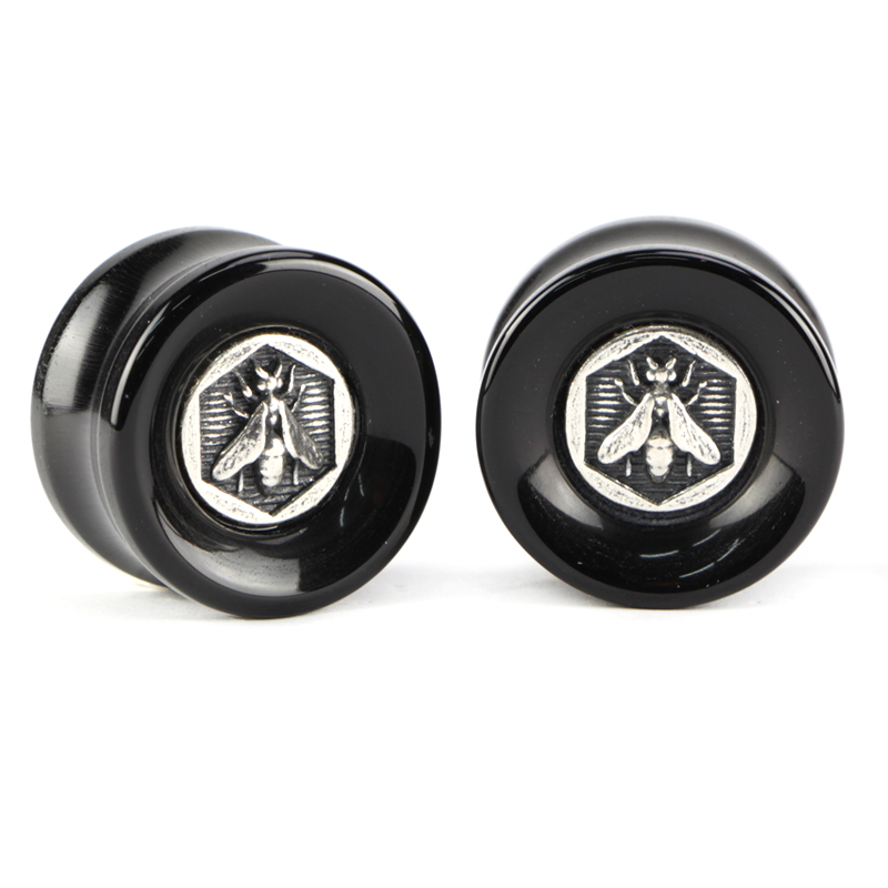 El Rana Onyx Plug with Silver Bee (Price for Pair) Orecchio