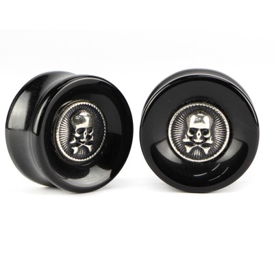 El Rana Onyx Plug with Silver Skull Cross Bones (Price for Pair) Orecchio