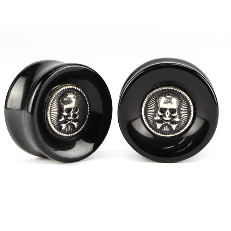 El Rana Onyx Plug with Silver Skull Cross Bones (Price for Pair) Orecchio
