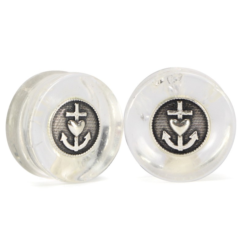 El Rana Quartz Plug with Silver Anchor & Heart (Price for Pair) Orecchio