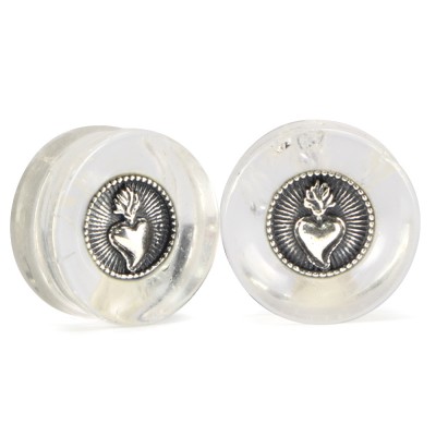 El Rana Quartz Plug with Silver Sacred Heart (Price for Pair) Orecchio