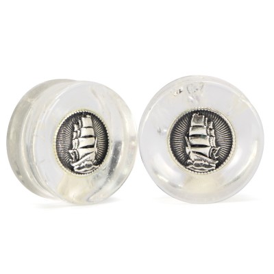 El Rana Quartz Plug with Silver Sailing Ship (Price for Pair) Orecchio