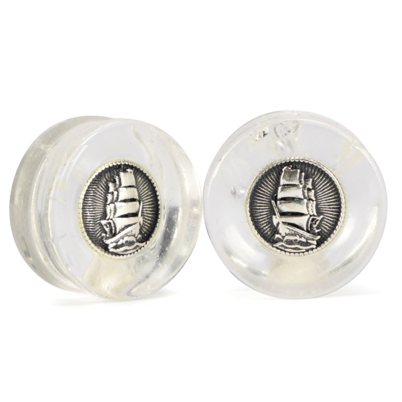 El Rana Quartz Plug with Silver Sailing Ship (Price for Pair) Orecchio