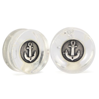 El Rana Quartz Plug with Silver Sailing Ship Anchor (Price for Pair) Orecchio