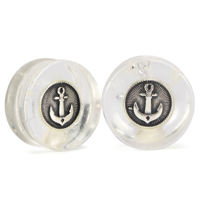 El Rana Quartz Plug with Silver Sailing Ship Anchor (Price for Pair) Orecchio