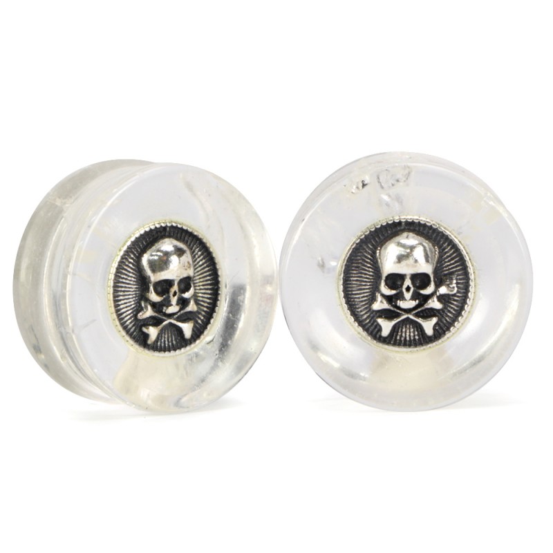 El Rana Quartz Plug with Silver Skull Cross Bones (Price for Pair) Orecchio