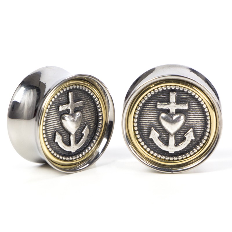 El Rana Titanium Brass Plug with Silver Anchor & Heart (Price for Pair) Orecchio