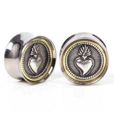 El Rana Titanium Brass Plug with Silver Sacred Heart (Price for Pair) Orecchio