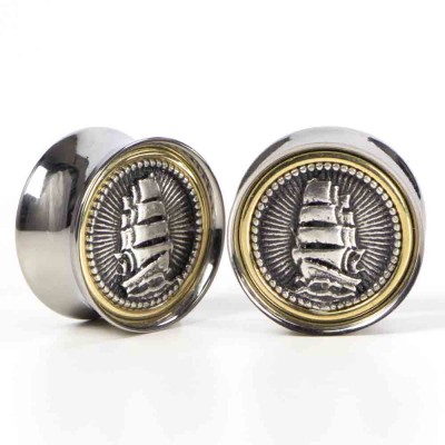 El Rana Titanium Brass Plug with Silver Sailing Ship (Price for Pair) Orecchio