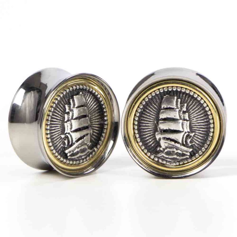 El Rana Titanium Brass Plug with Silver Sailing Ship (Price for Pair) Orecchio