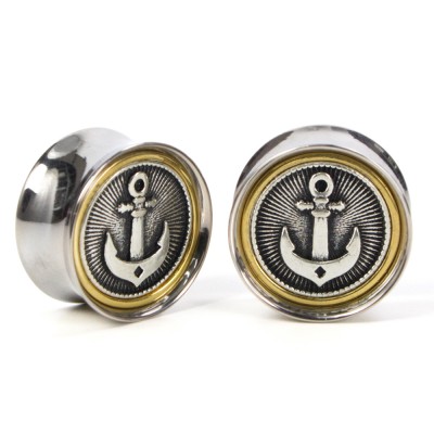 El Rana Titanium Brass Plug with Sailing Ship Anchor (Price for Pair) Orecchio