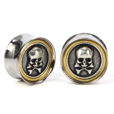 El Rana Titanium Brass Plug with Silver Skull Cross Bones (Price for Pair) Orecchio