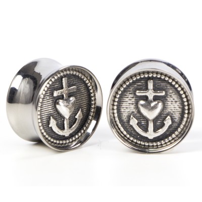 El Rana Titanium Plug with Silver Anchor & Heart (Price for Pair) Orecchio