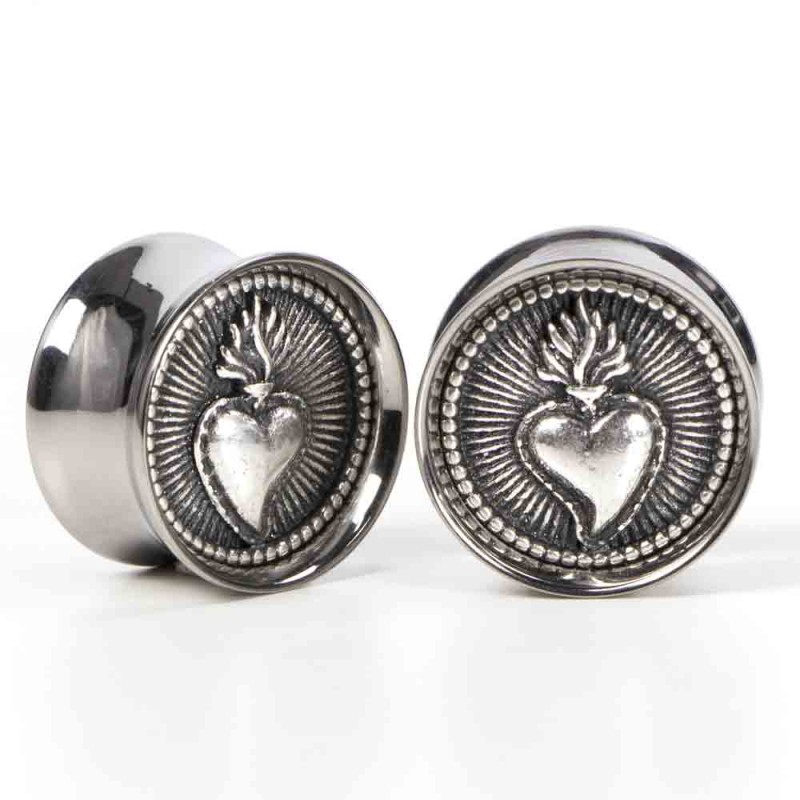 El Rana Titanium Plug with Silver Sacred Heart (Price for Pair) Orecchio