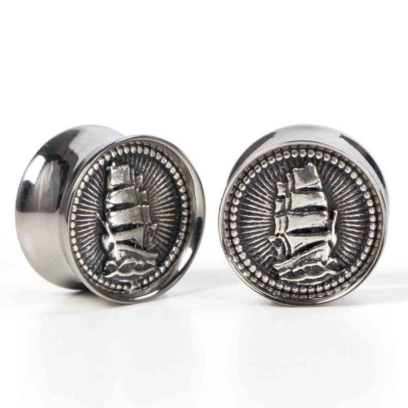 El Rana Titanium Plug with Silver Sailing Ship (Price for Pair) Orecchio