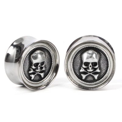 El Rana Titanium Plug with Silver Skull Cross Bones (Price for Pair) Orecchio